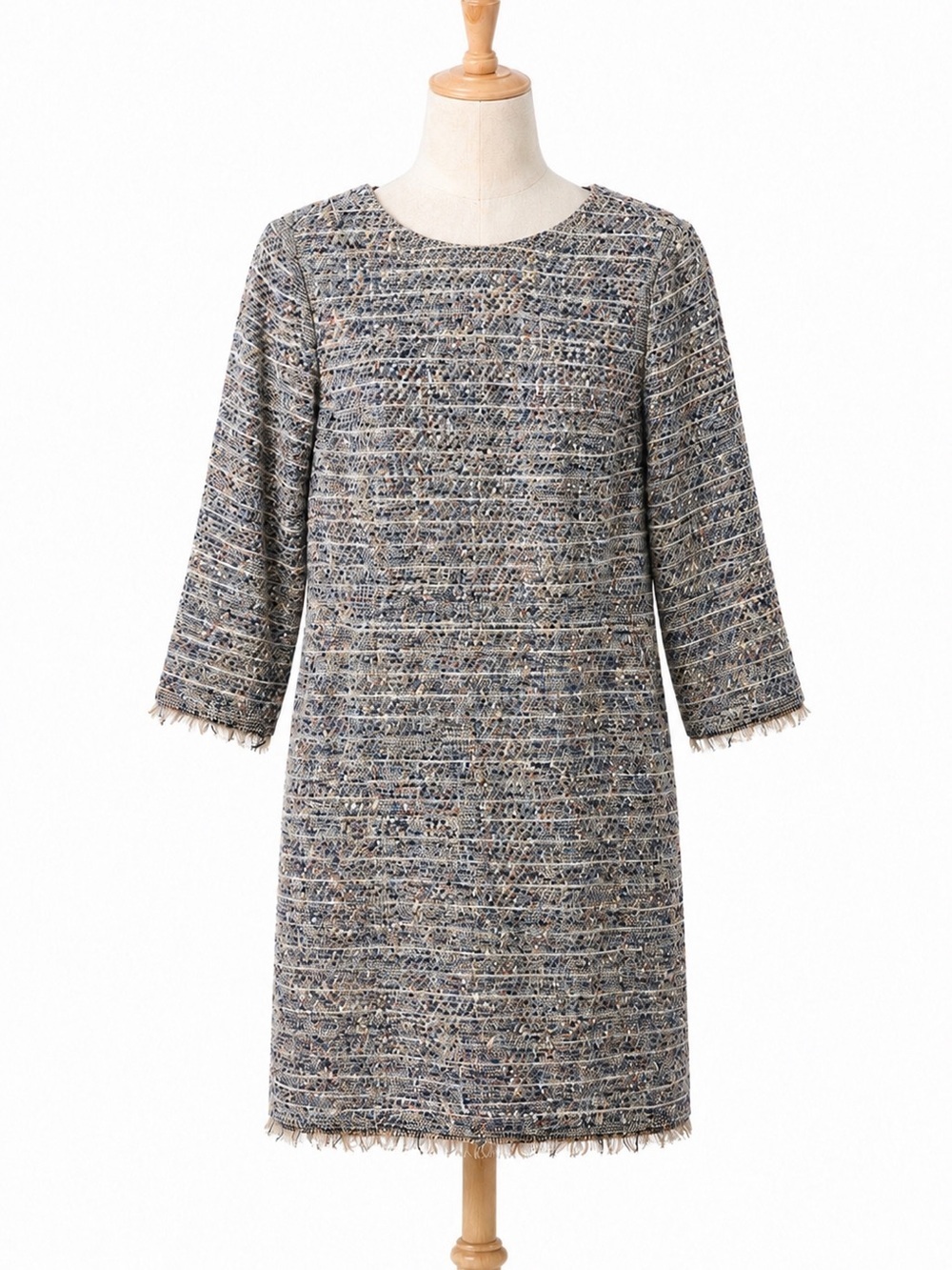 J.Crew Classic Multicolor Textured Tweed Shift Dress With 3/4 Sleeves. Size-10